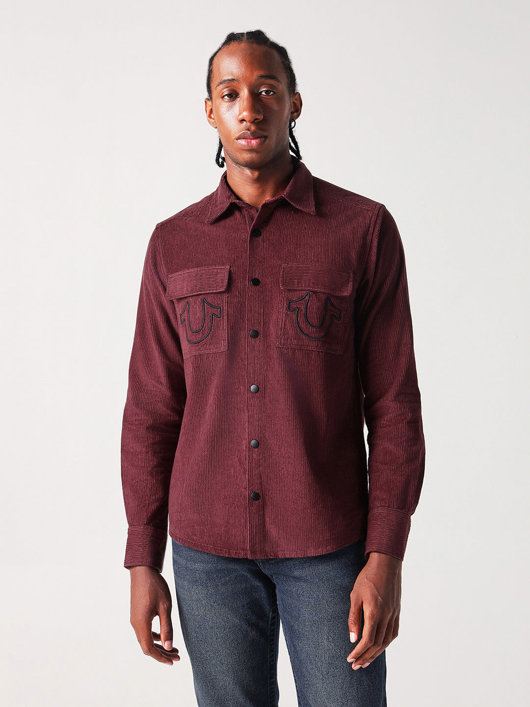 True Religion Men Red Solid Collar Shirt