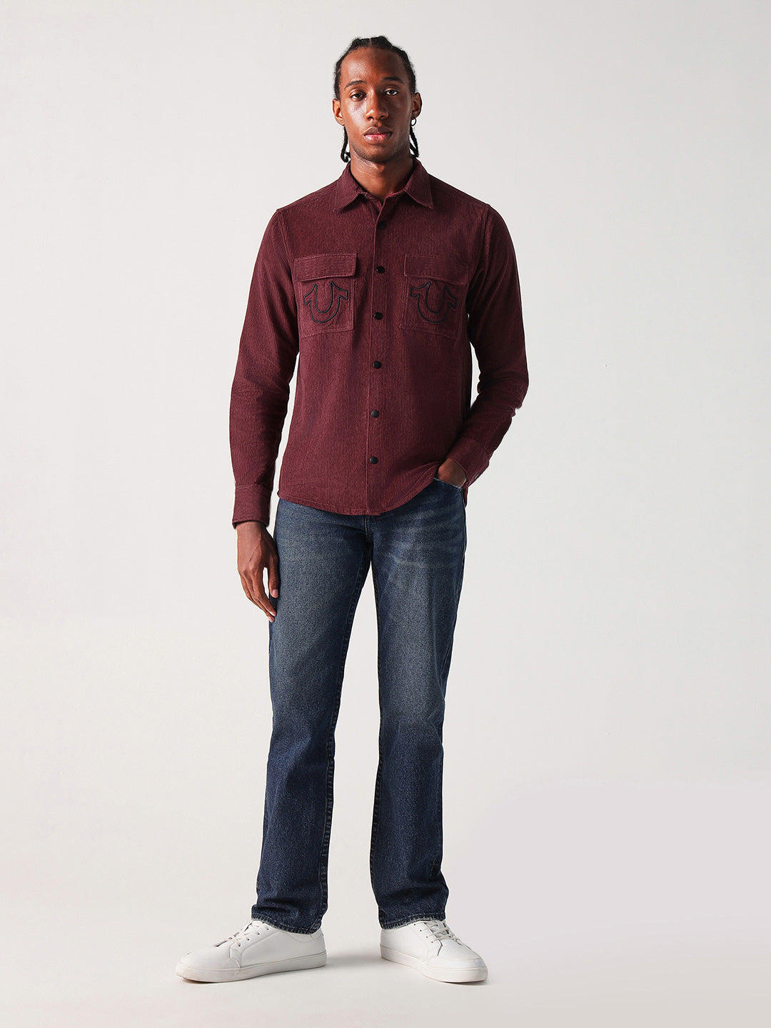 True Religion Men Red Solid Collar Shirt
