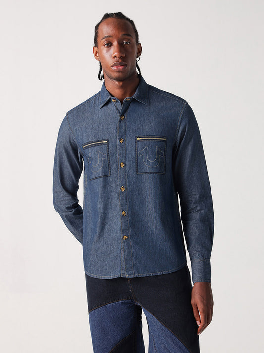 True Religion Men Blue Solid Collar Shirt