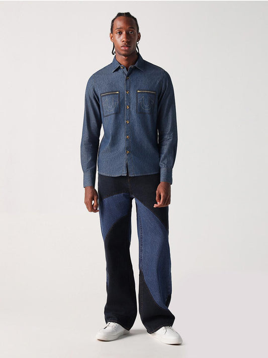 True Religion Men Blue Solid Collar Shirt