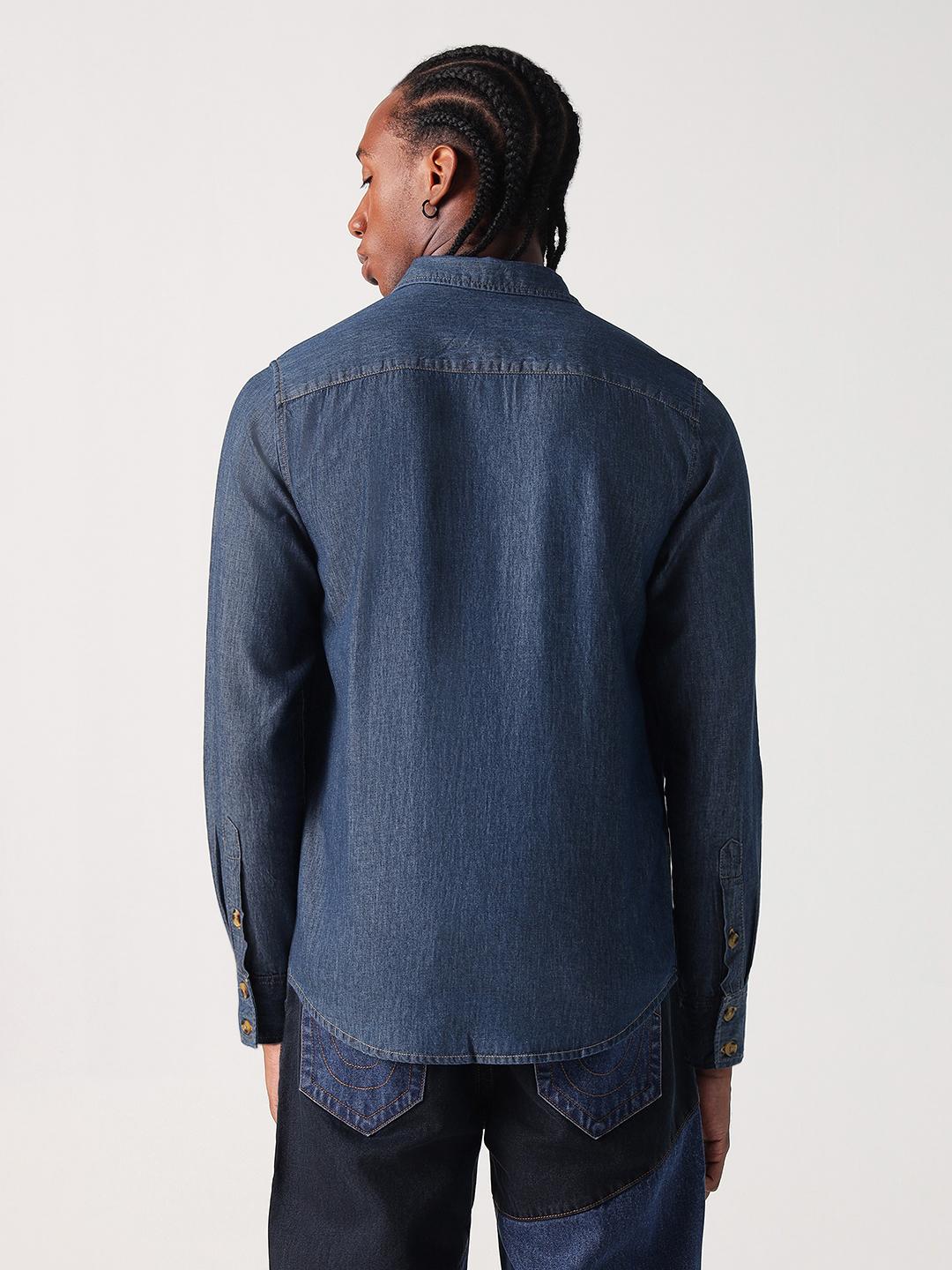 True Religion Men Blue Solid Collar Shirt