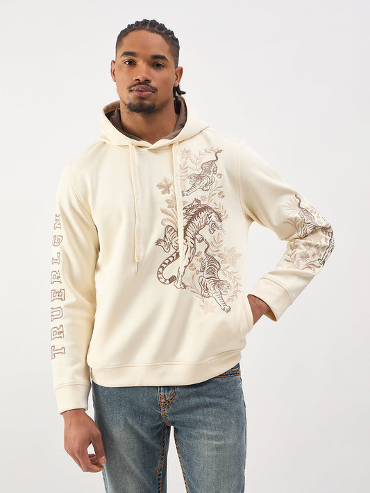 TRUE RELIGION Men Cream Embroidered Regular Fit Hooded Sweatshirt