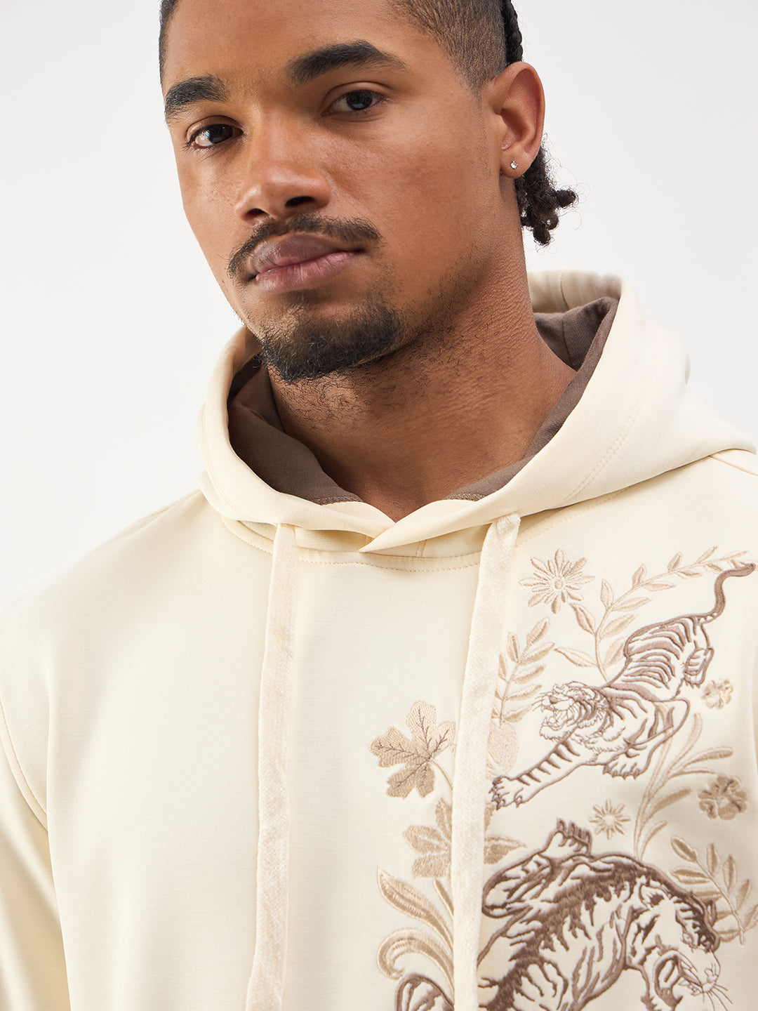 TRUE RELIGION Men Cream Embroidered Regular Fit Hooded Sweatshirt