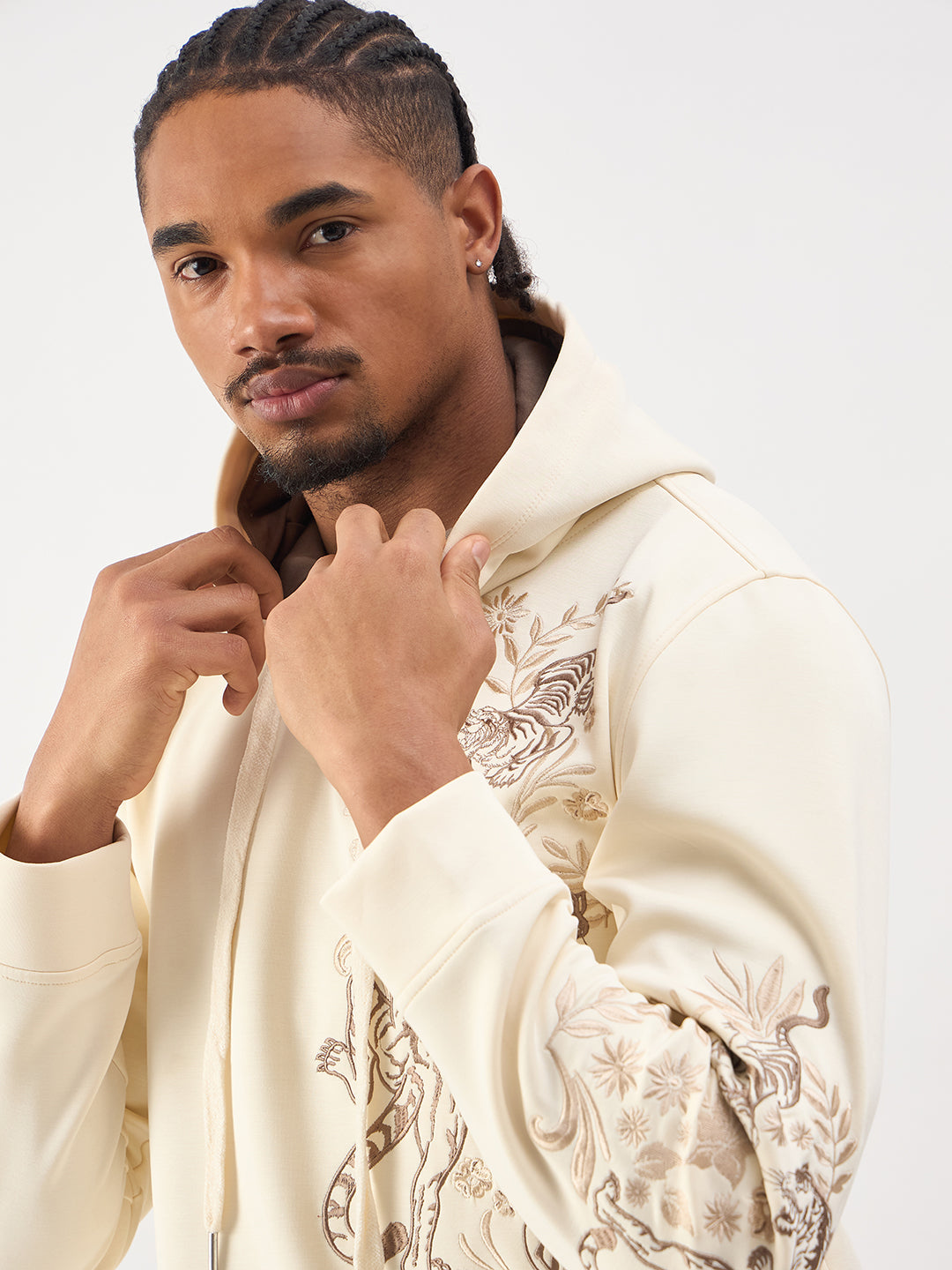 TRUE RELIGION Men Cream Embroidered Regular Fit Hooded Sweatshirt