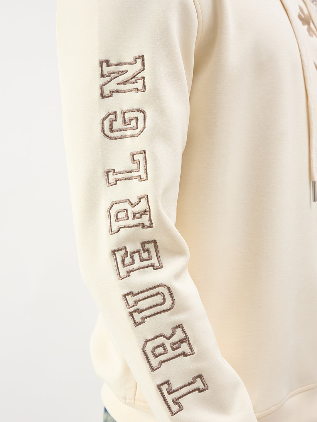 TRUE RELIGION Men Cream Embroidered Regular Fit Hooded Sweatshirt