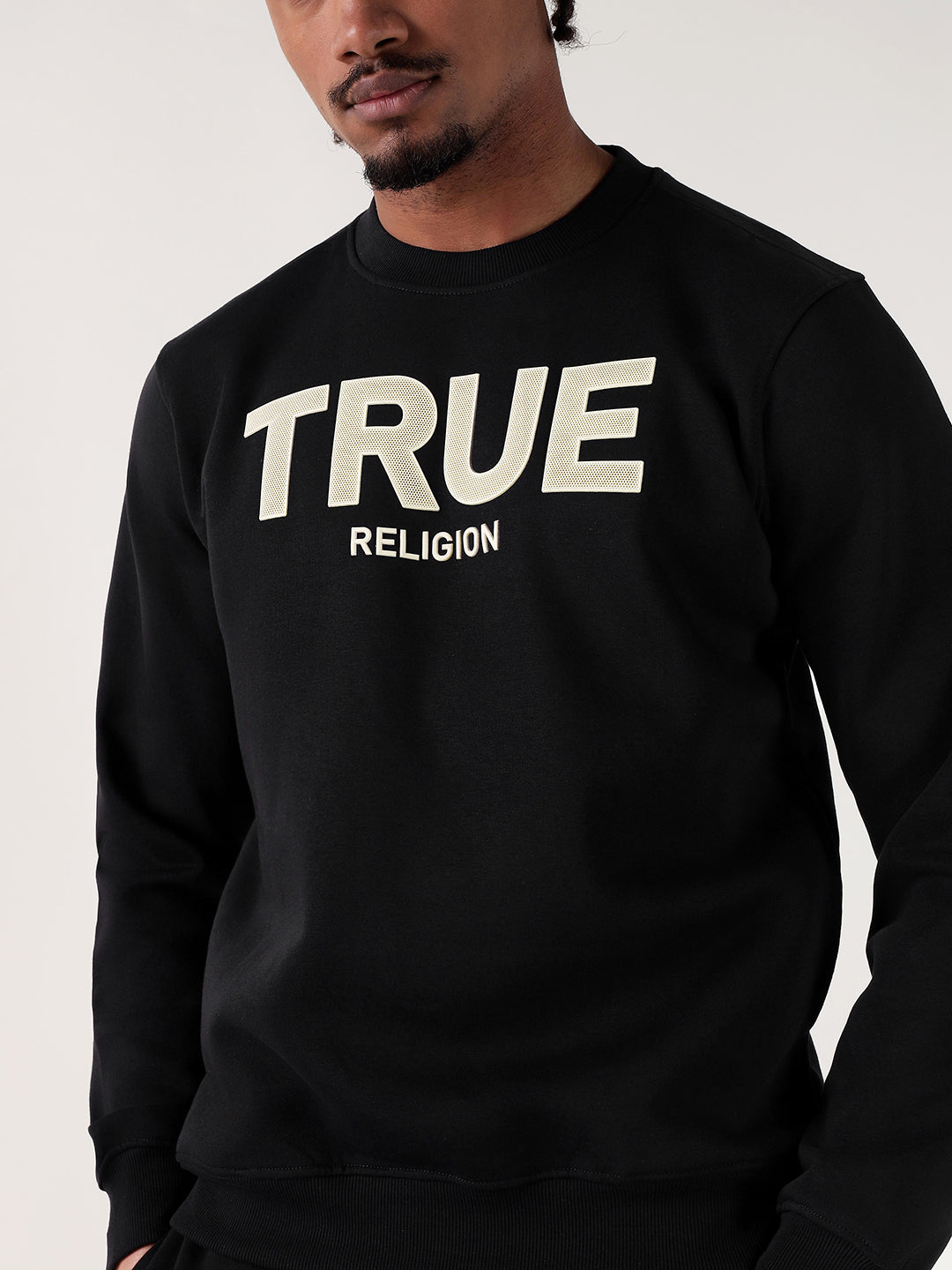 TRUE RELIGION Men Black Logo Round Neck Regular Fit Sweatshirt