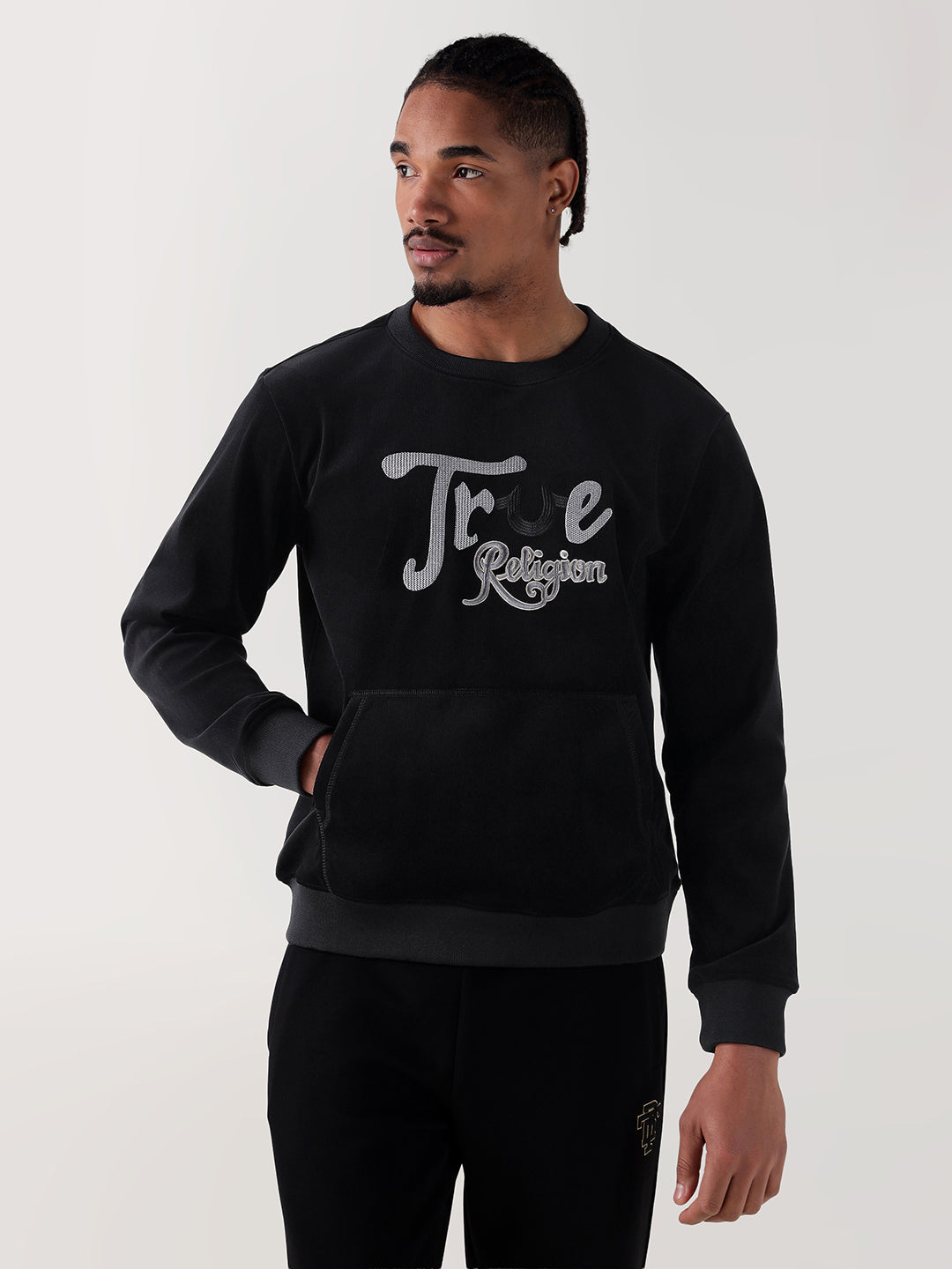 TRUE RELIGION Men Black Logo Round Neck Regular Fit Sweatshirt