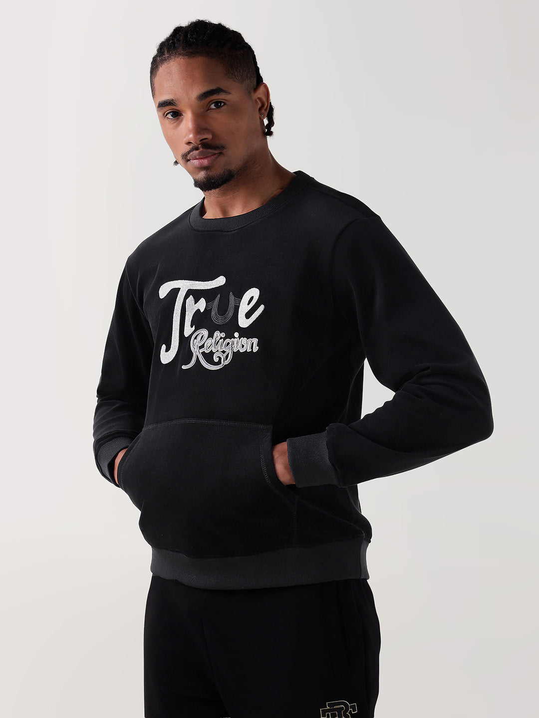 TRUE RELIGION Men Black Logo Round Neck Regular Fit Sweatshirt