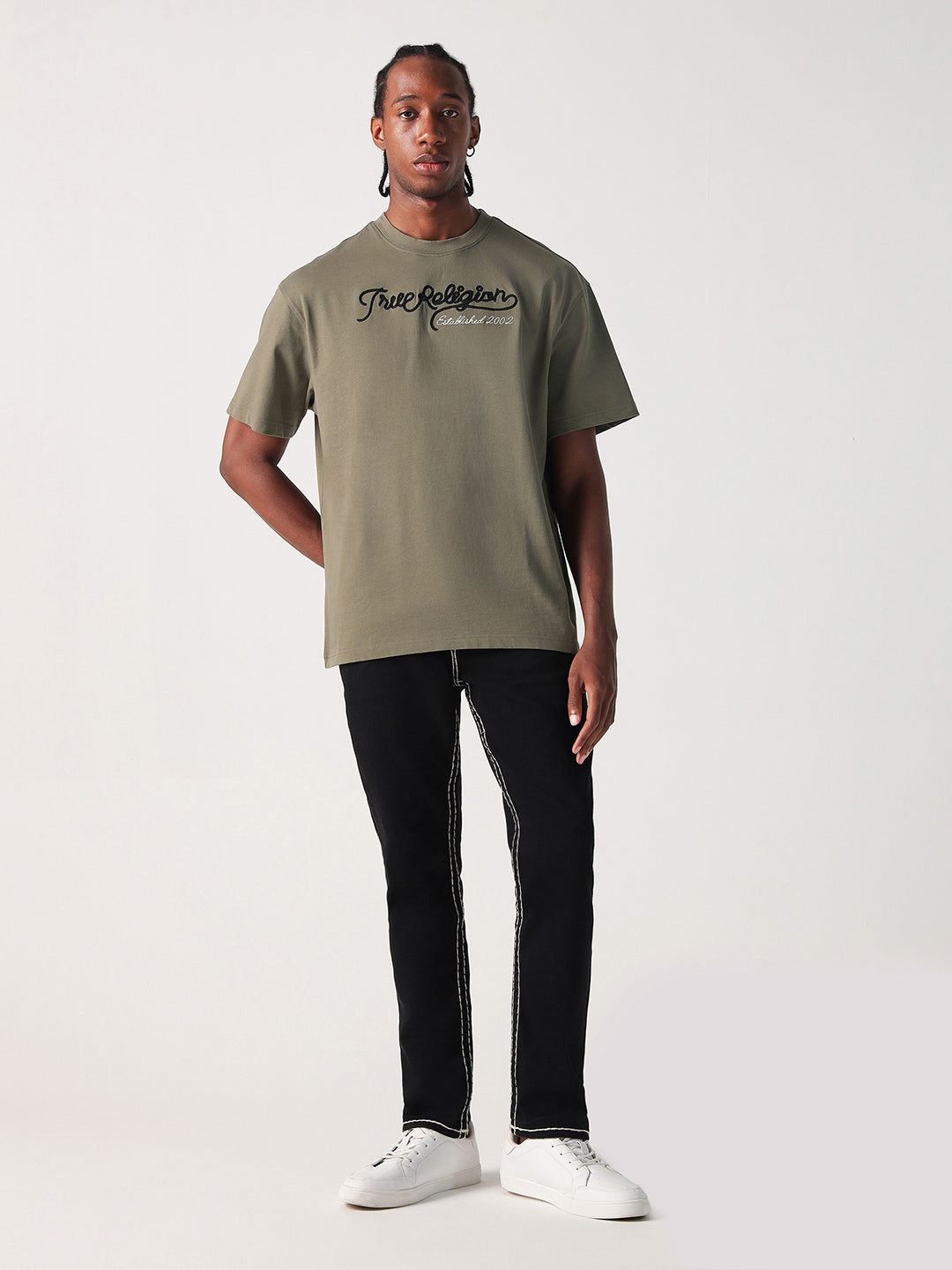 True Religion Men Green Solid Round Neck Boxy Fit Tshirt