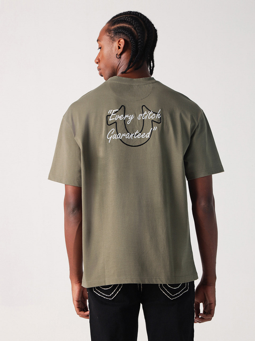 True Religion Men Green Solid Round Neck Boxy Fit Tshirt