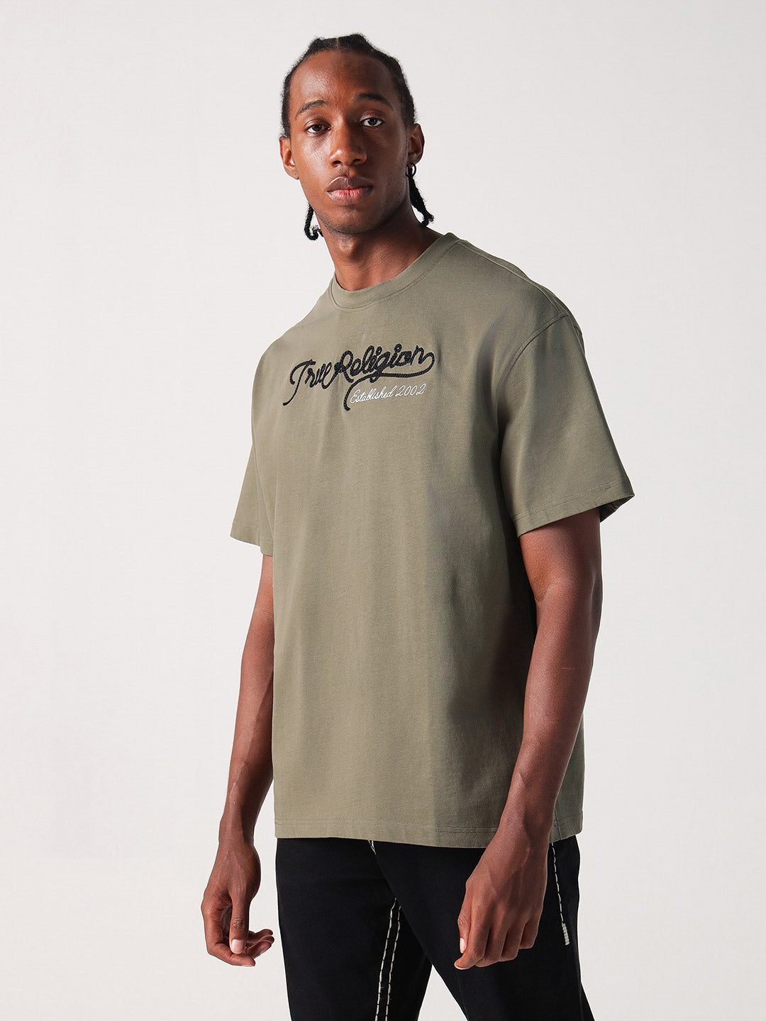 True Religion Men Green Solid Round Neck Boxy Fit Tshirt
