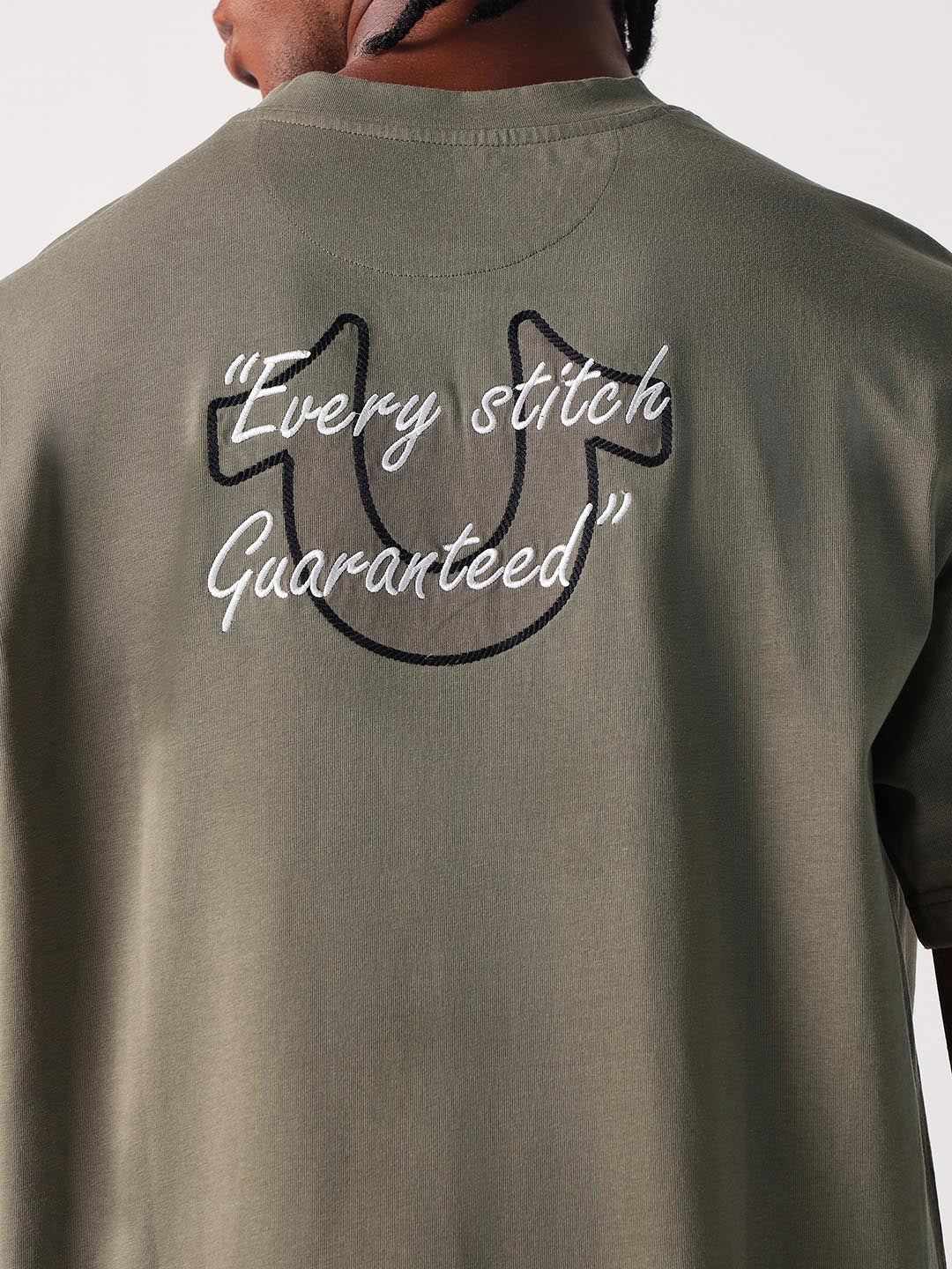 True Religion Men Green Solid Round Neck Boxy Fit Tshirt