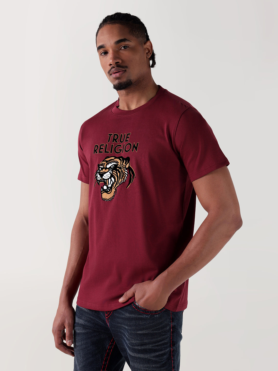 TRUE RELIGION Men Maroon Logo Round Neck Regular Fit T Shirt
