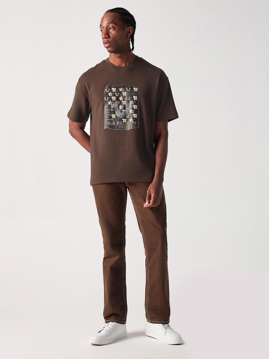 True Religion Men Brown Graphic Round Neck Boxy Fit Tshirt