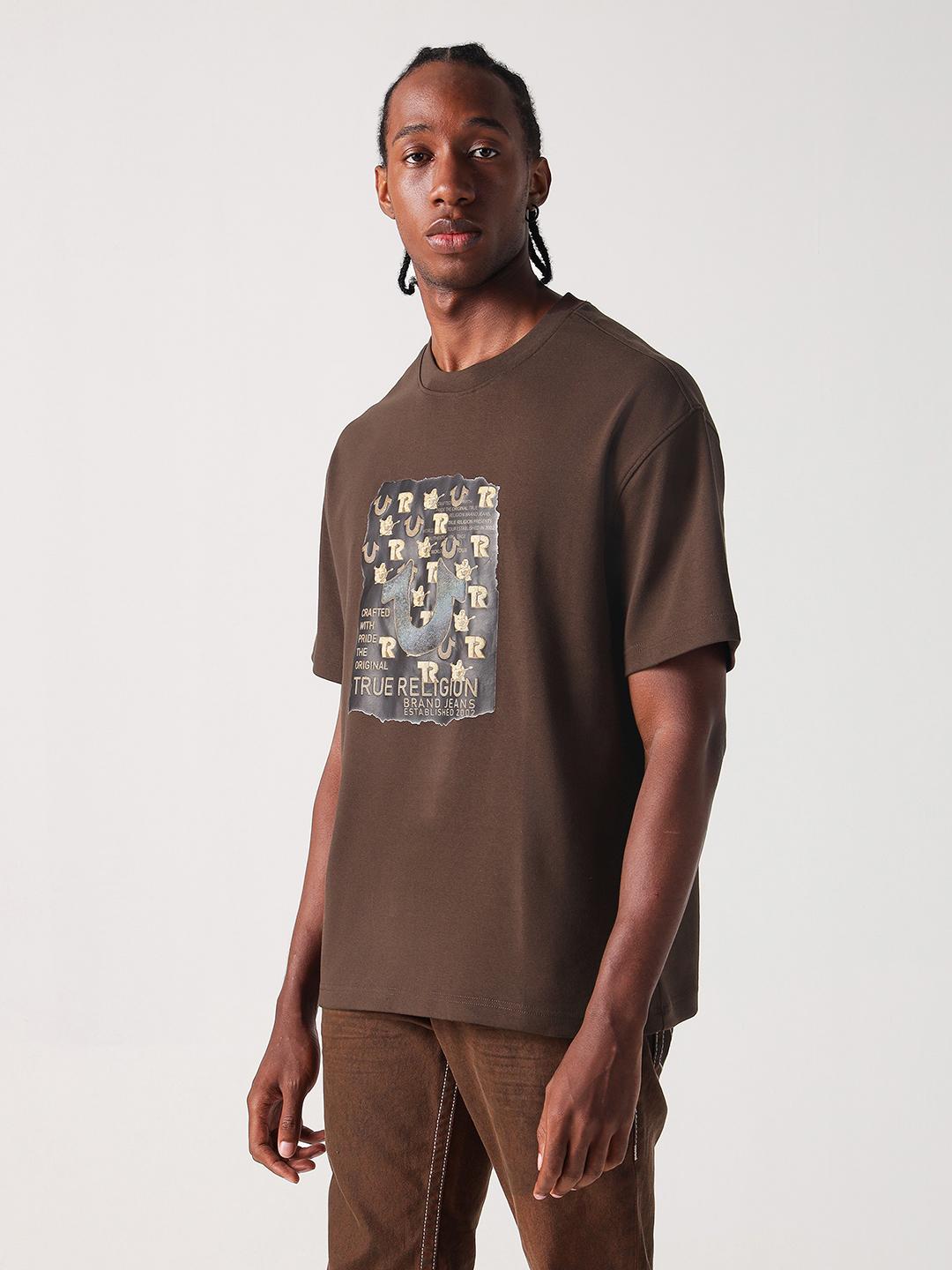 True Religion Men Brown Graphic Round Neck Boxy Fit Tshirt