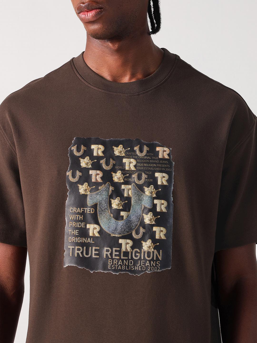 True Religion Men Brown Graphic Round Neck Boxy Fit Tshirt