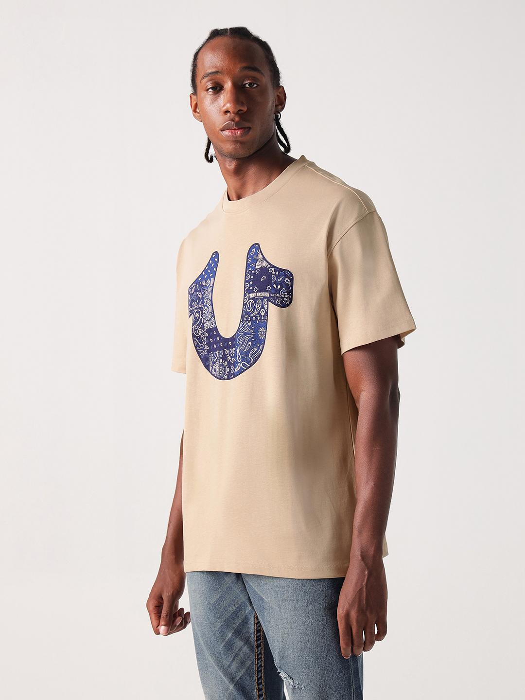 True Religion Men Beige Graphic Round Neck Boxy Fit Tshirt