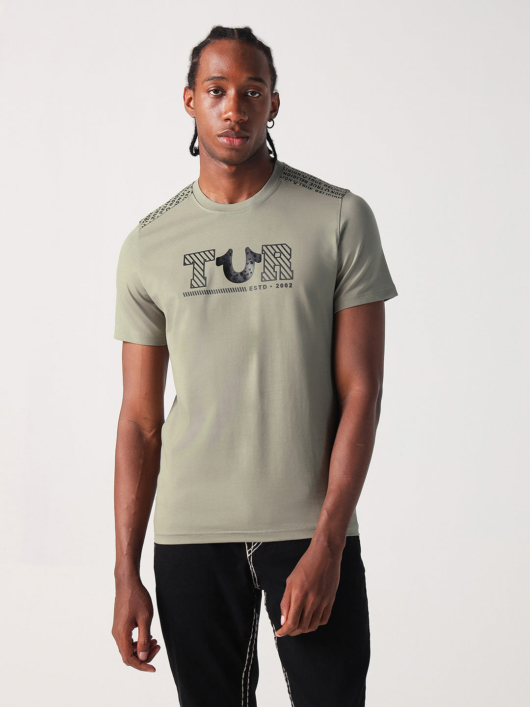 True Religion Men Green Solid Round Neck Tshirt