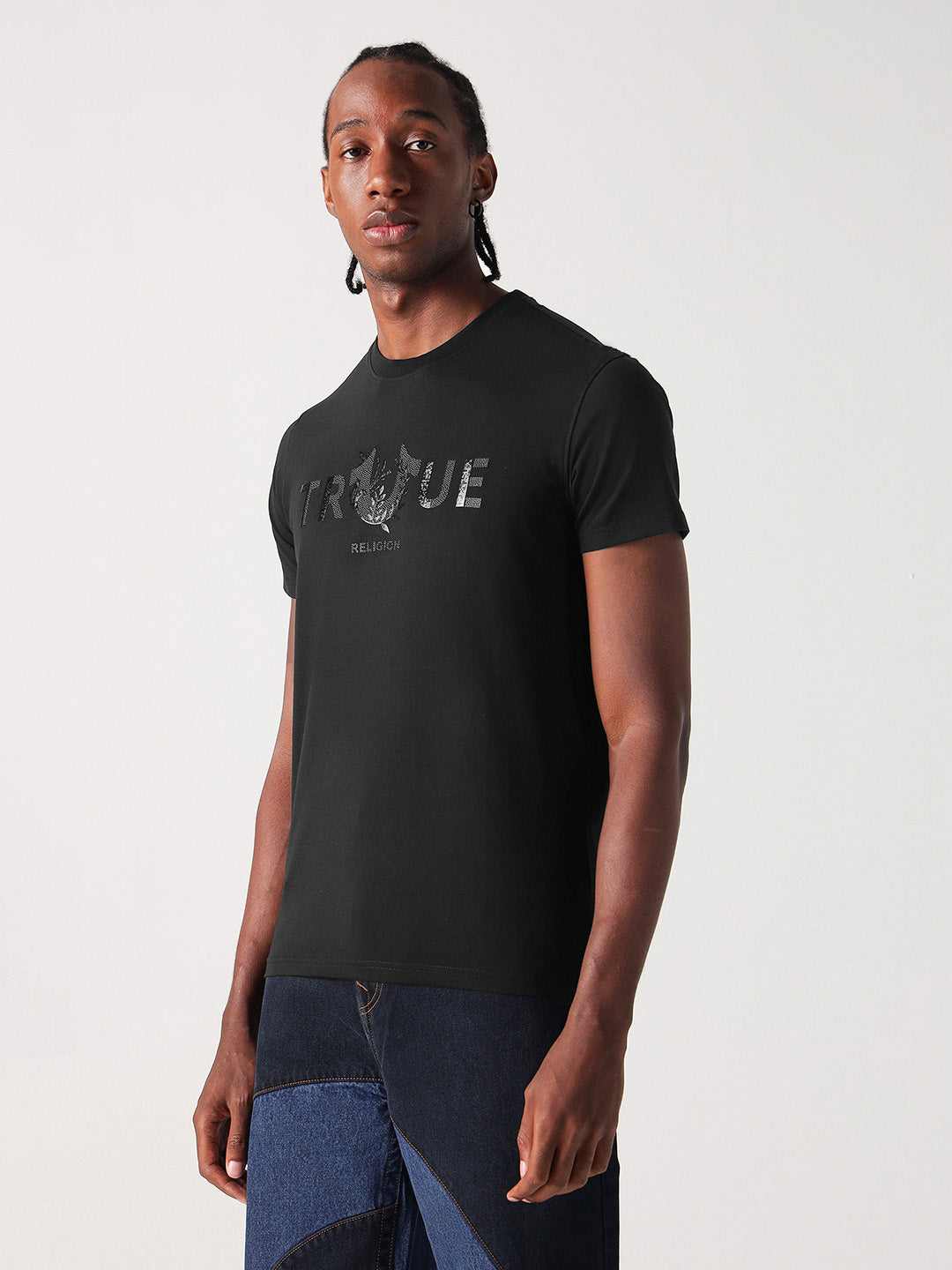 True Religion Men Black Solid Round Neck Tshirt