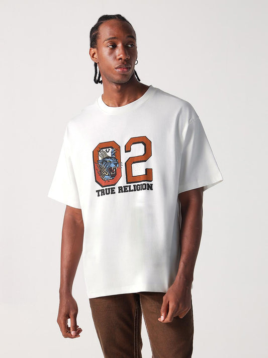 True Religion Men Off White Solid Round Neck Boxy Fit Tshirt