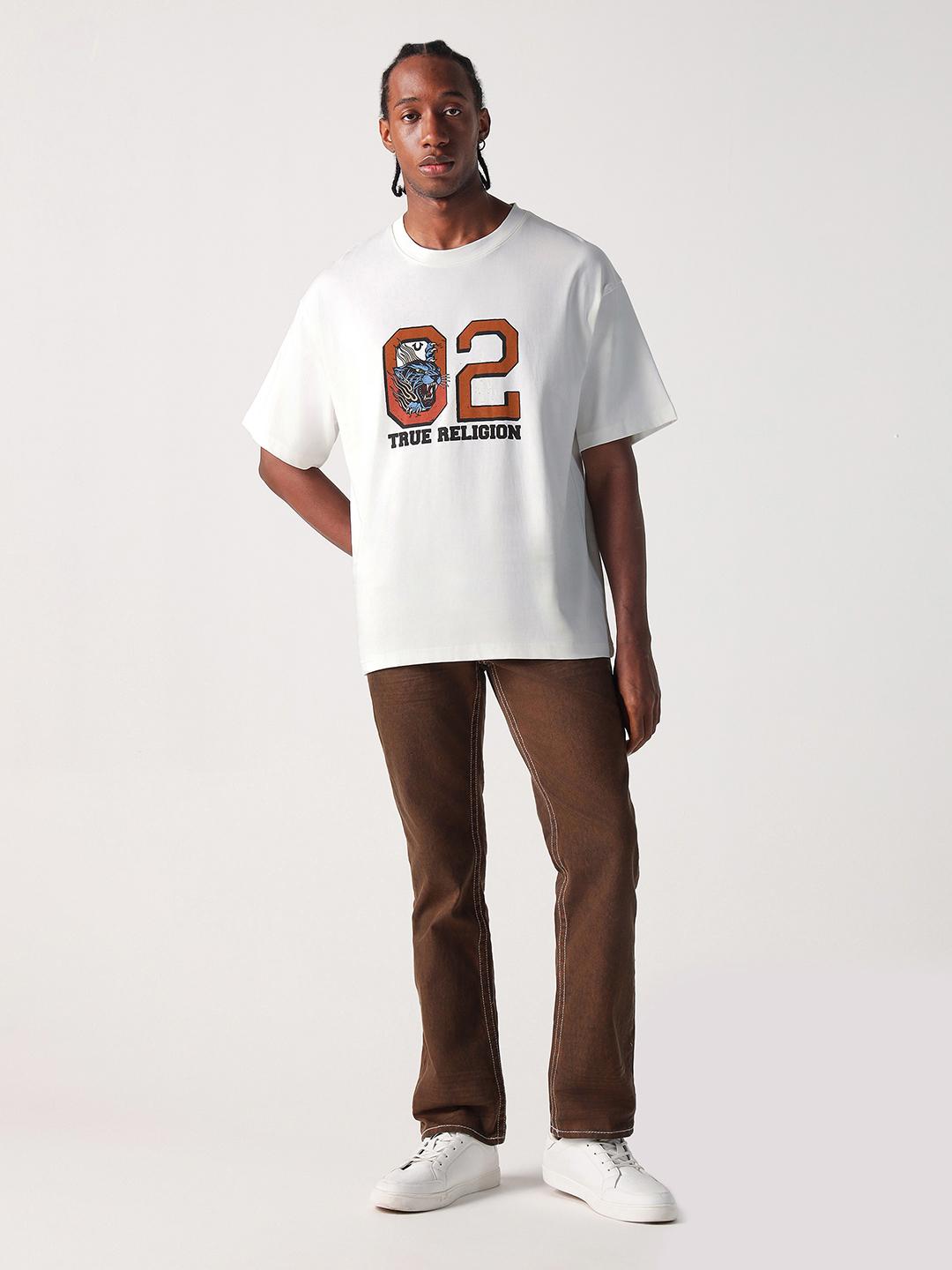 True Religion Men Off White Solid Round Neck Boxy Fit Tshirt