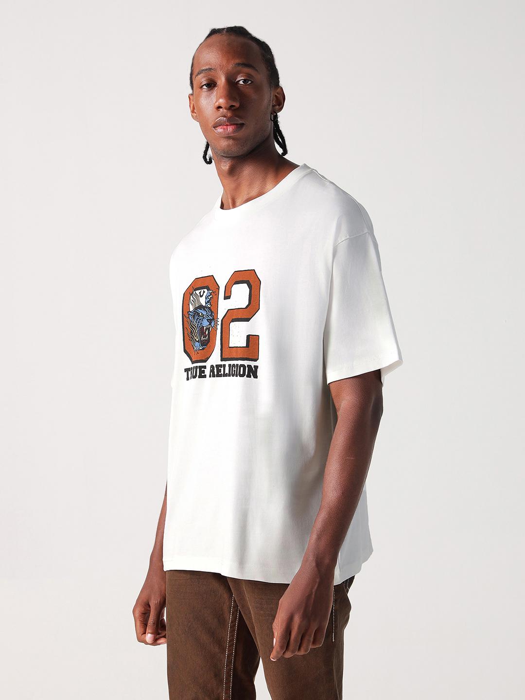 True Religion Men Off White Solid Round Neck Boxy Fit Tshirt