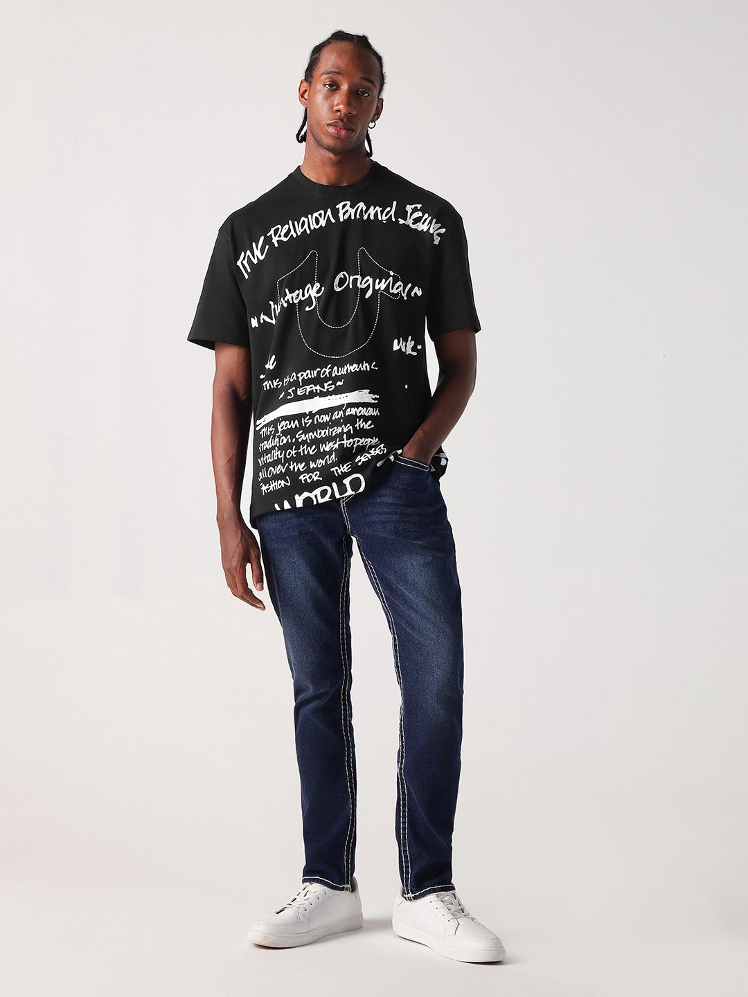 True Religion Men Black Printed Round Neck Boxy Fit Tshirt