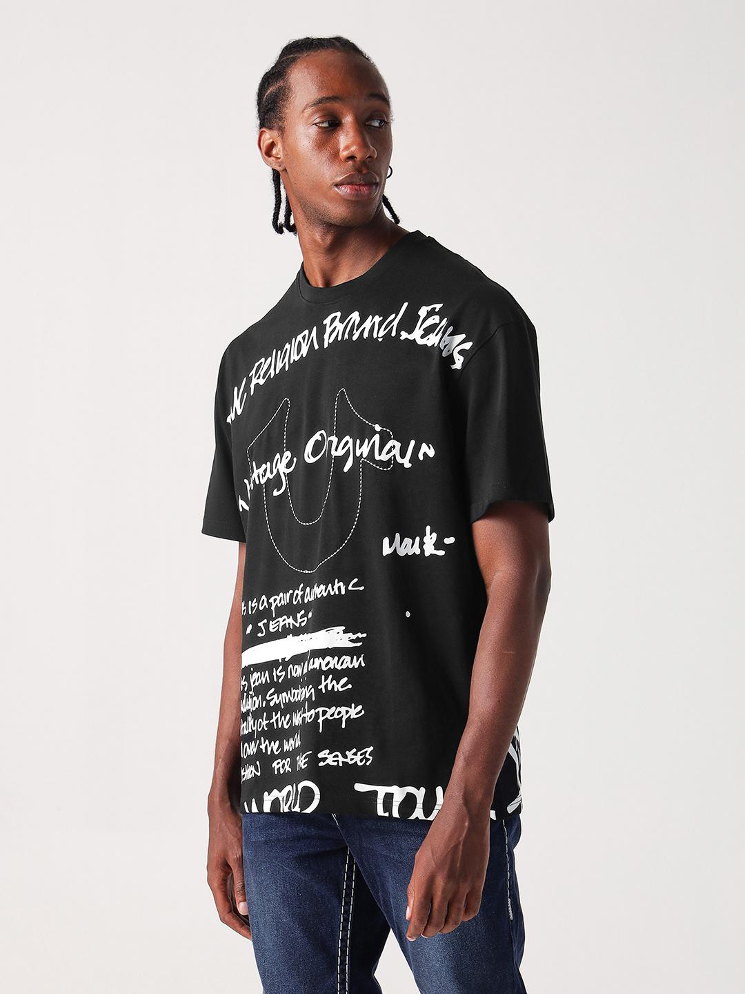 True Religion Men Black Printed Round Neck Boxy Fit Tshirt