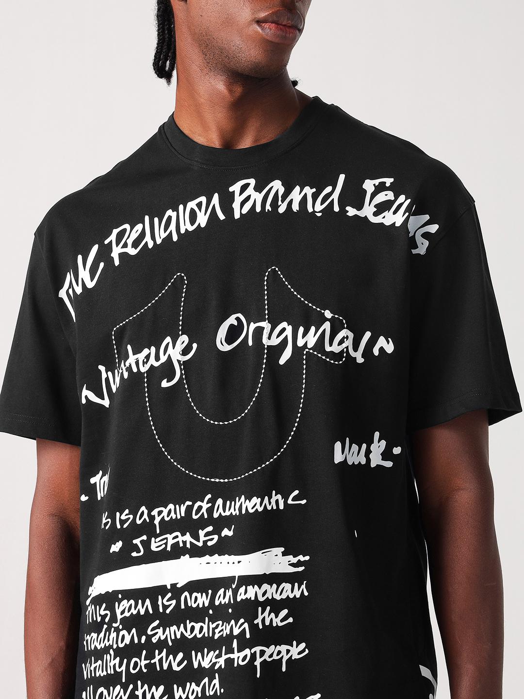 True Religion Men Black Printed Round Neck Boxy Fit Tshirt