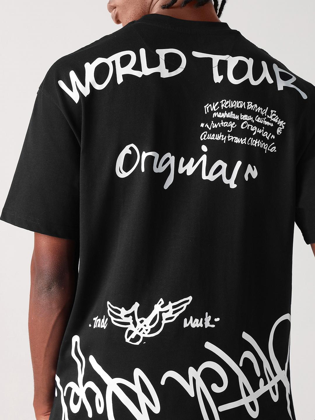 True Religion Men Black Printed Round Neck Boxy Fit Tshirt