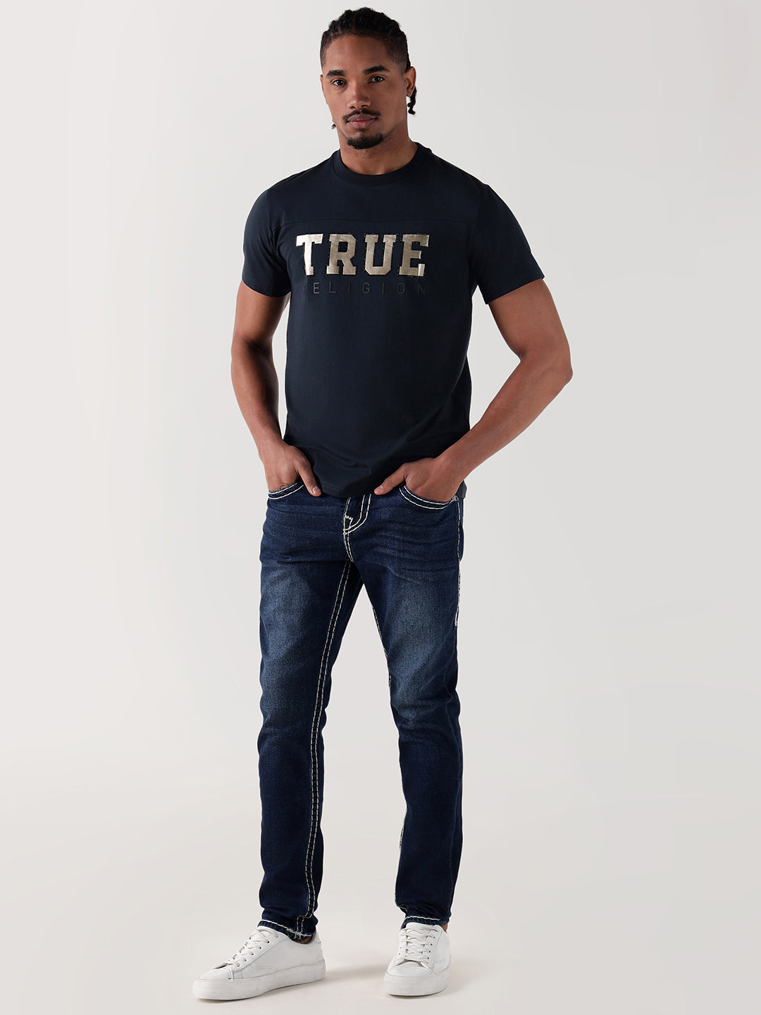TRUE RELIGION Men Navy Blue Logo Round Neck Regular Fit T Shirt