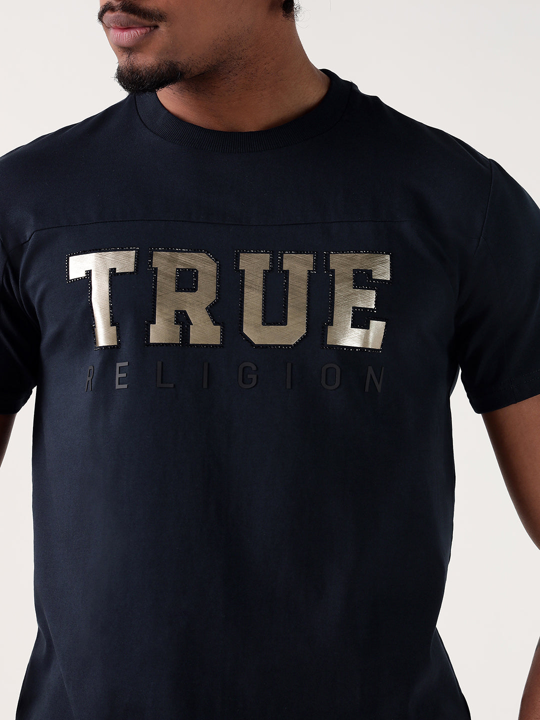 TRUE RELIGION Men Navy Blue Logo Round Neck Regular Fit T Shirt