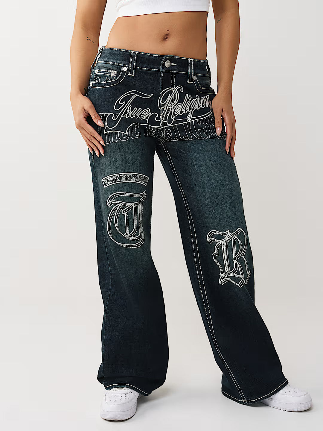 True Religion Women Blue Bobby Big T Embroidered Jeans