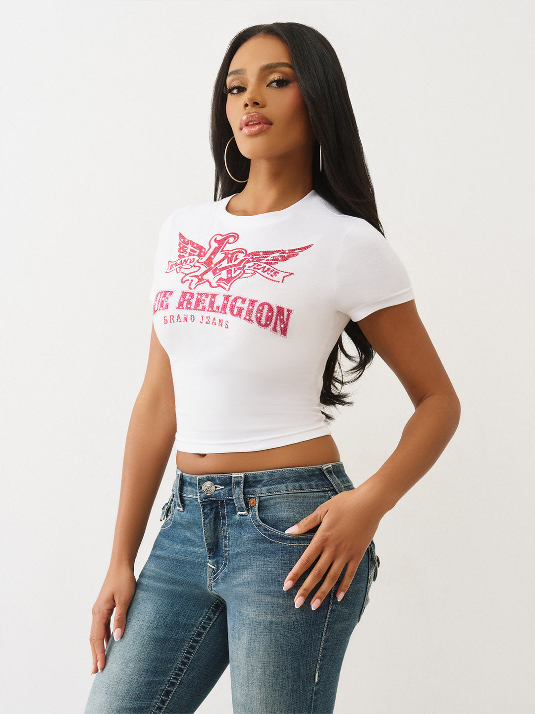 True Religion Women Skinny Fit White Logo T Shirt