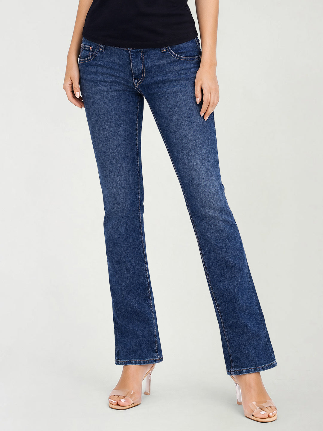 True Religion Women Becca Big T Blue Solid Cotton Jeans