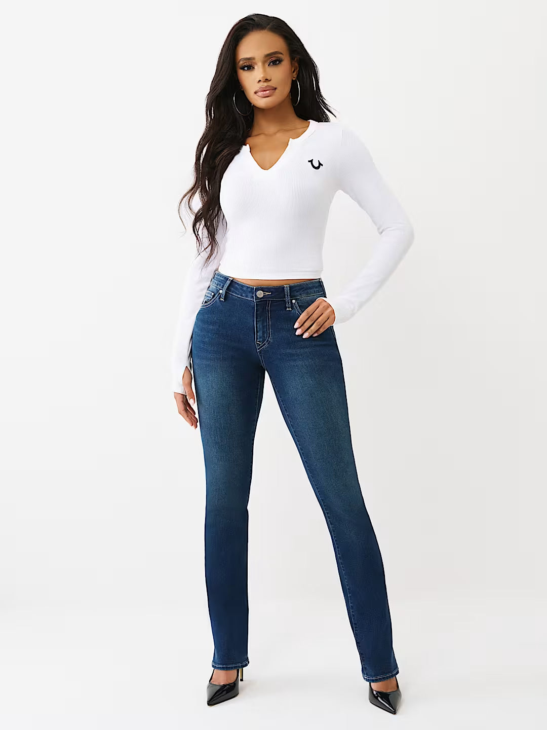 True Religion Women Navy Blue Solid Straight Fit Stretchable SN Billie Jeans