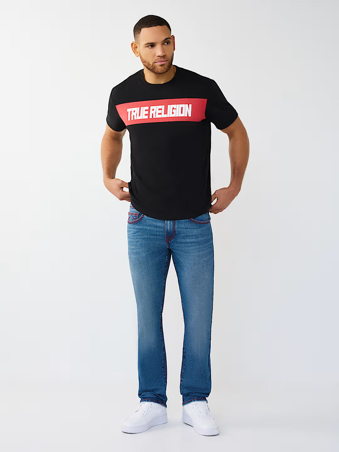 True Religion Blue Solid Straight Fit Stretchable Big T Ricky Jeans