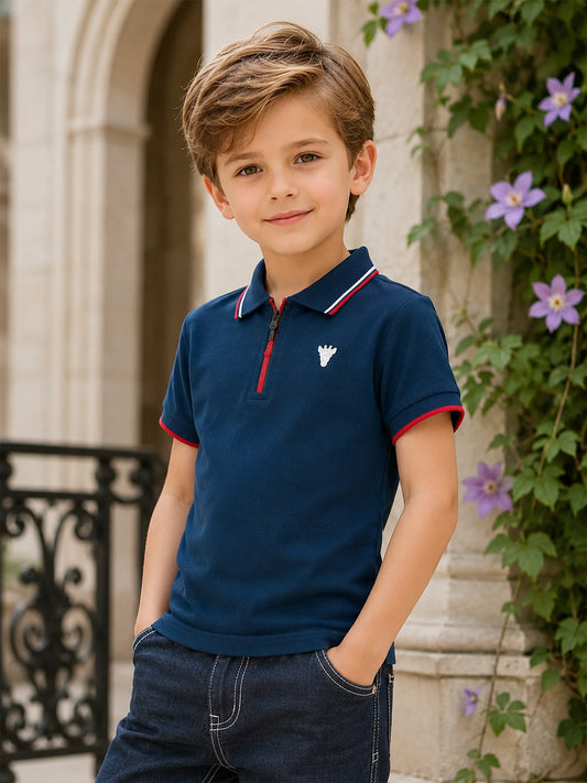 Blue Giraffe Boys Blue Solid Regular Fit Pure Cotton Polo T-Shirt