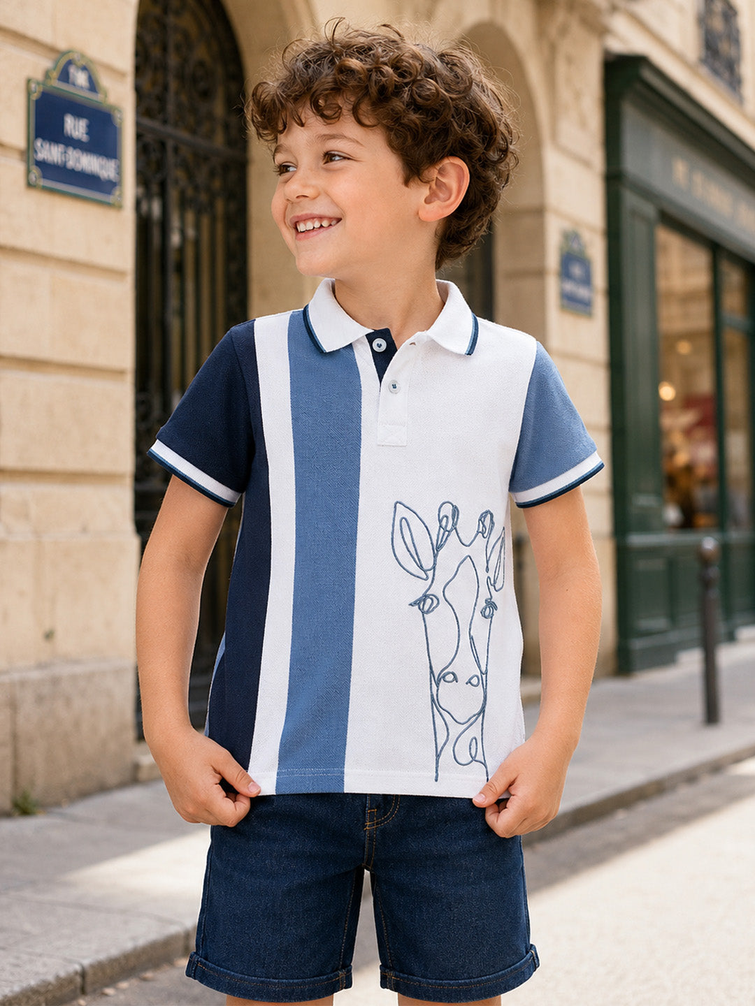 Blue Giraffe Boys White Printed Regular Fit Pure Cotton Polo T-Shirt