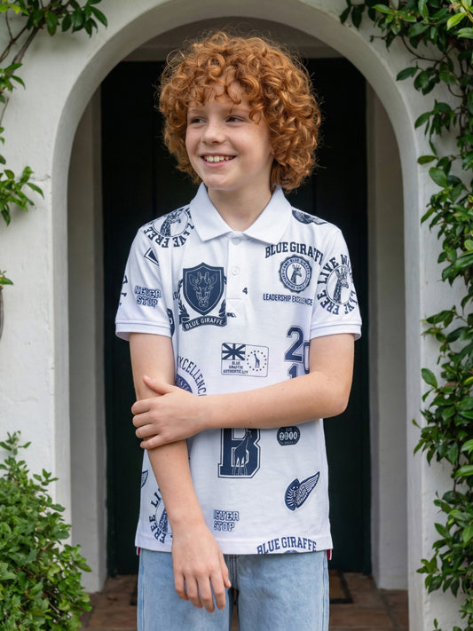 Blue Giraffe Boys White Printed Regular Fit Pure Cotton Polo T-Shirt