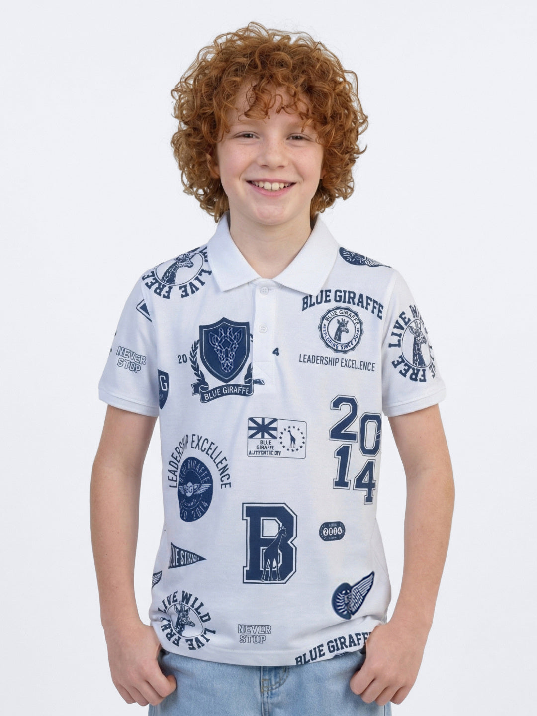 Blue Giraffe Boy White Printed Cotton Polo T-Shirt