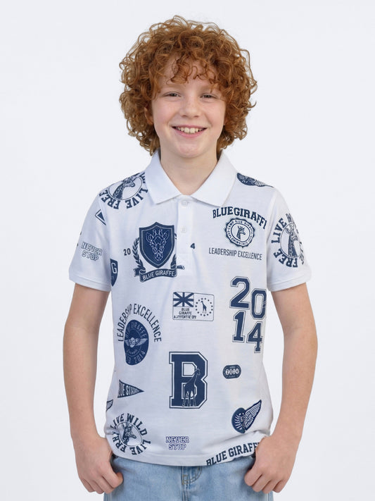 Blue Giraffe Boys White Printed Regular Fit Pure Cotton Polo T-Shirt