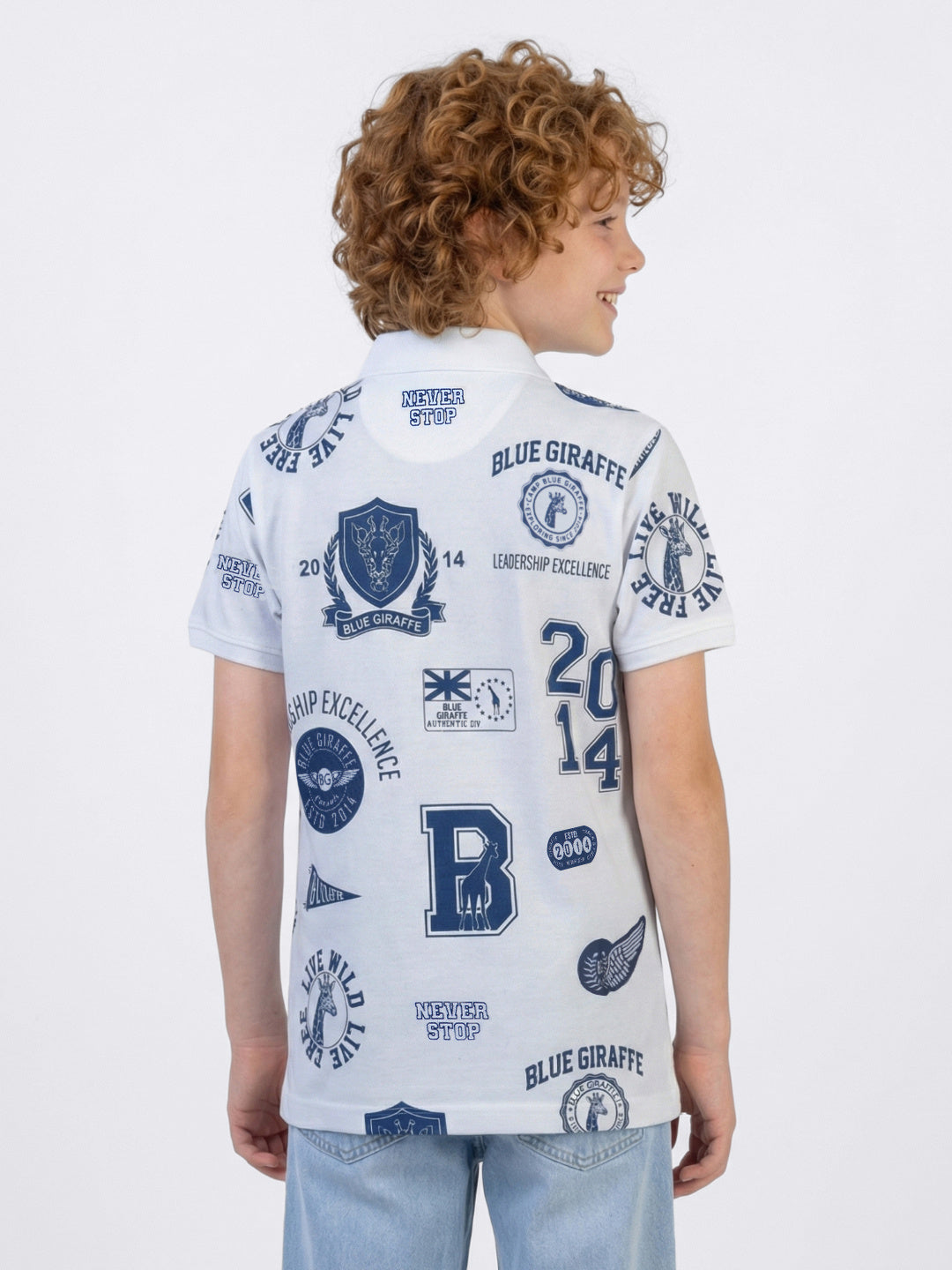 Blue Giraffe Boy White Printed Cotton Polo T-Shirt