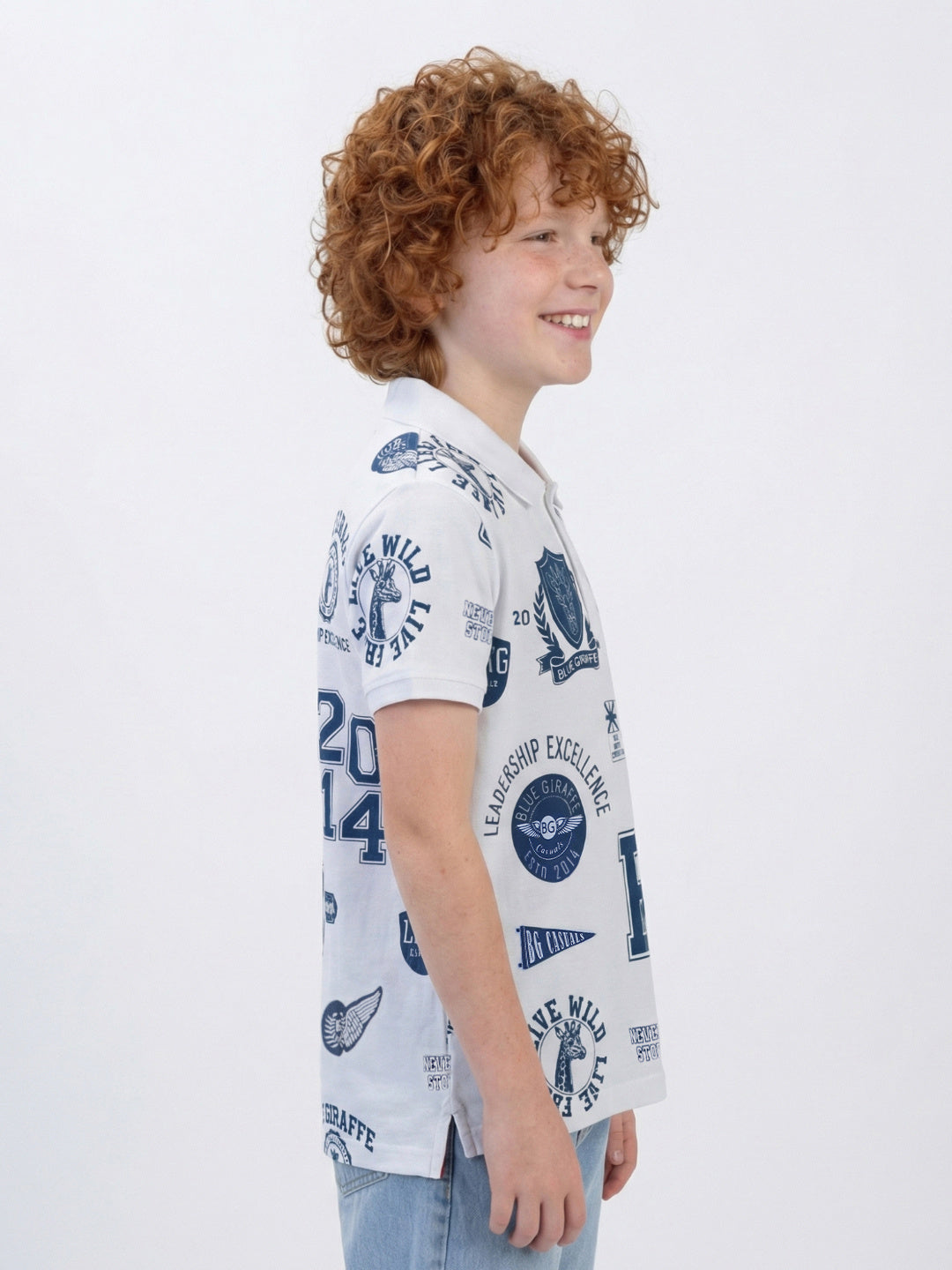Blue Giraffe Boy White Printed Cotton Polo T-Shirt