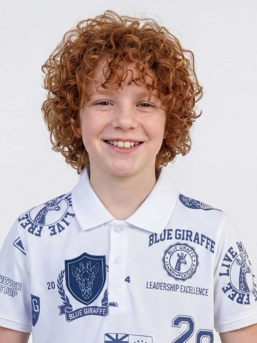 Blue Giraffe Boy White Printed Cotton Polo T-Shirt