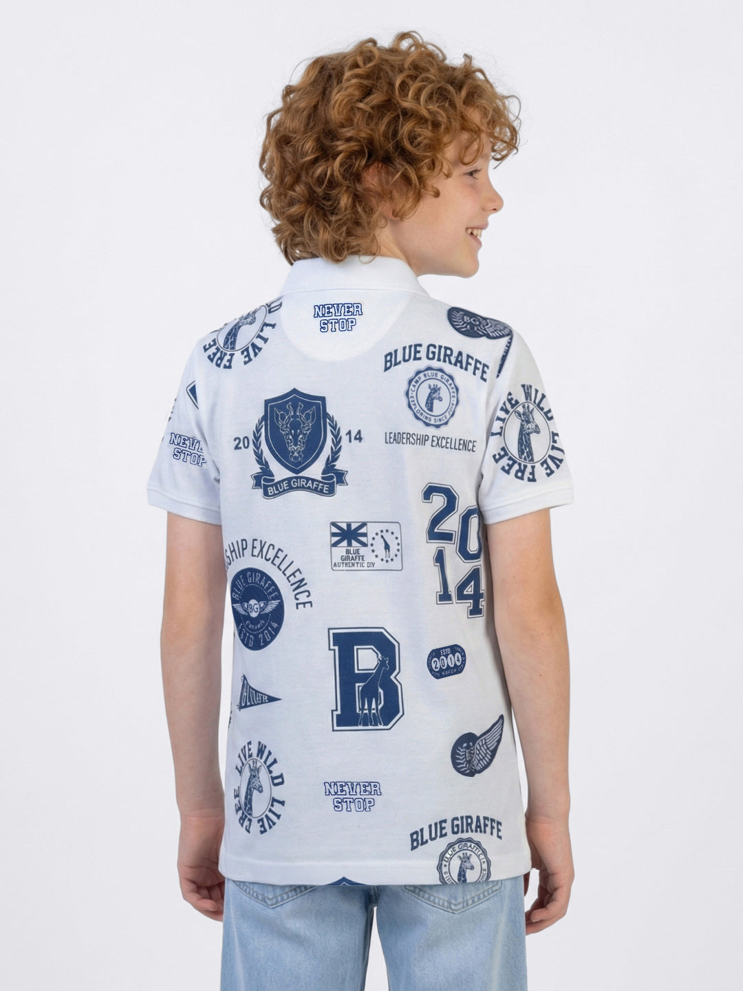 Blue Giraffe Boys White Printed Regular Fit Pure Cotton Polo T-Shirt