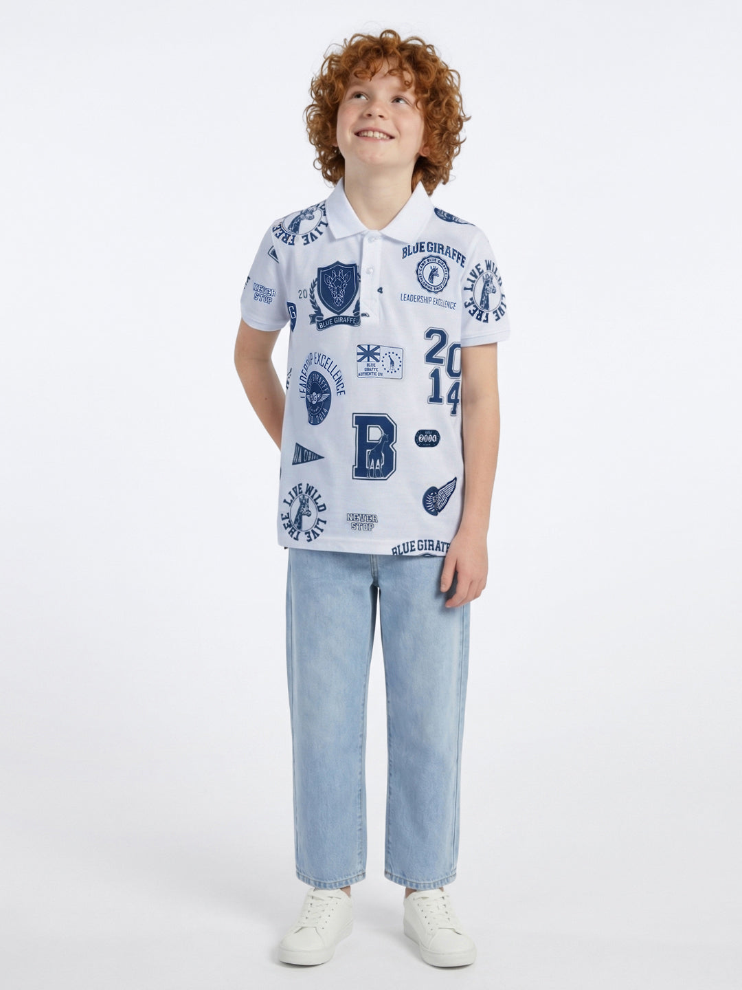 Blue Giraffe Boys White Printed Regular Fit Pure Cotton Polo T-Shirt