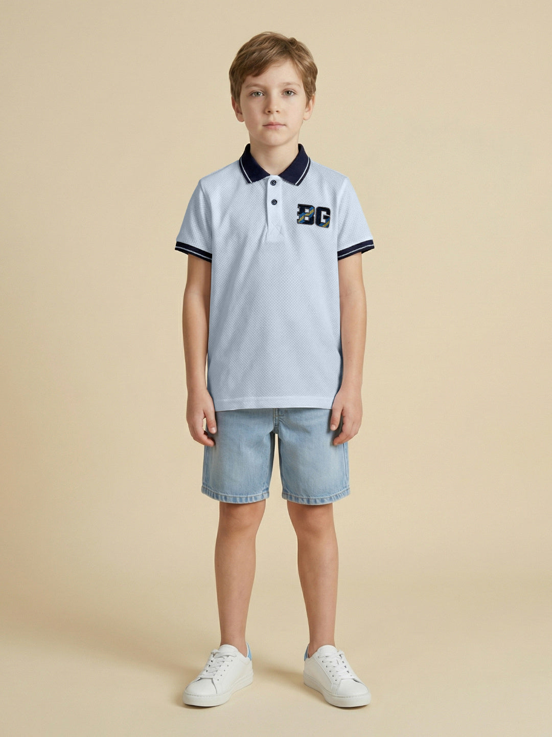 Blue Giraffe Boys White Solid Regular Fit Polo T-Shirt