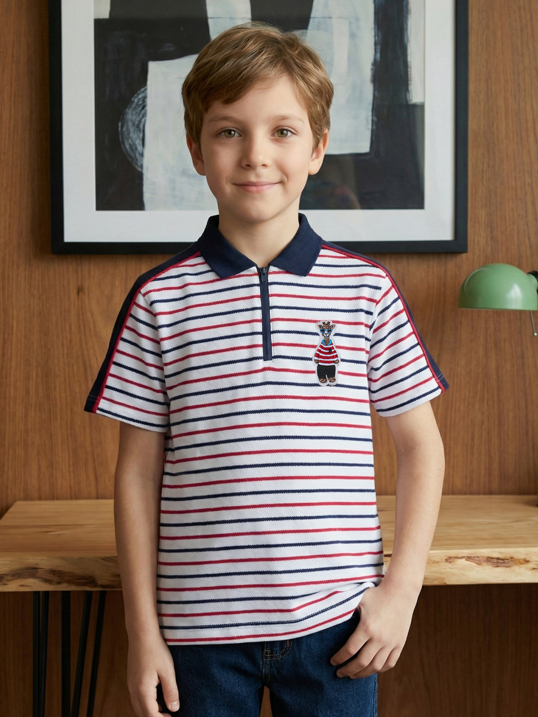 Blue Giraffe Boy Multi Striped Cotton Polo T-Shirt