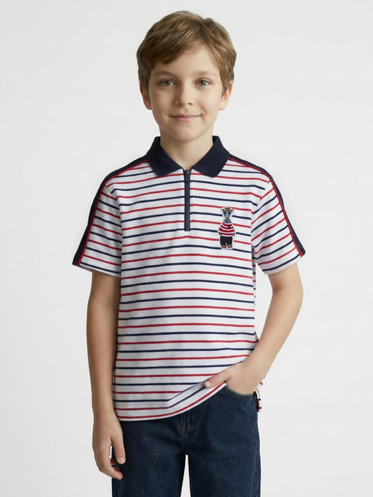 Blue Giraffe Boy Multi Striped Cotton Polo T-Shirt